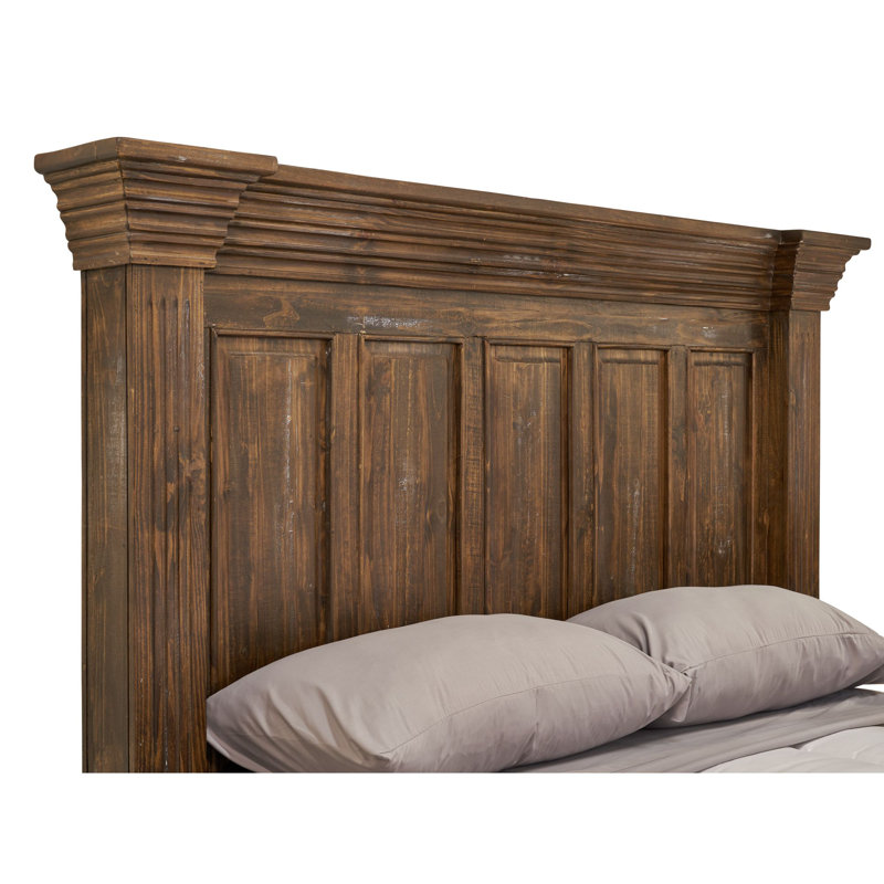 Rustic Brown Pine Wood Queen Bed with Headboard