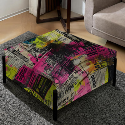Poupart Neon Newspaper Collage - Abstract Large Square Ottoman