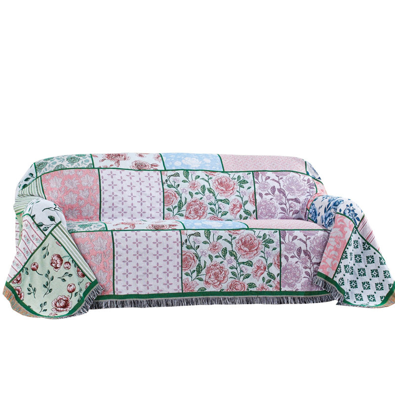 Charming Floral Patchwork Fringe Border Furniture Tapestry Throw, 143" L x 69" W