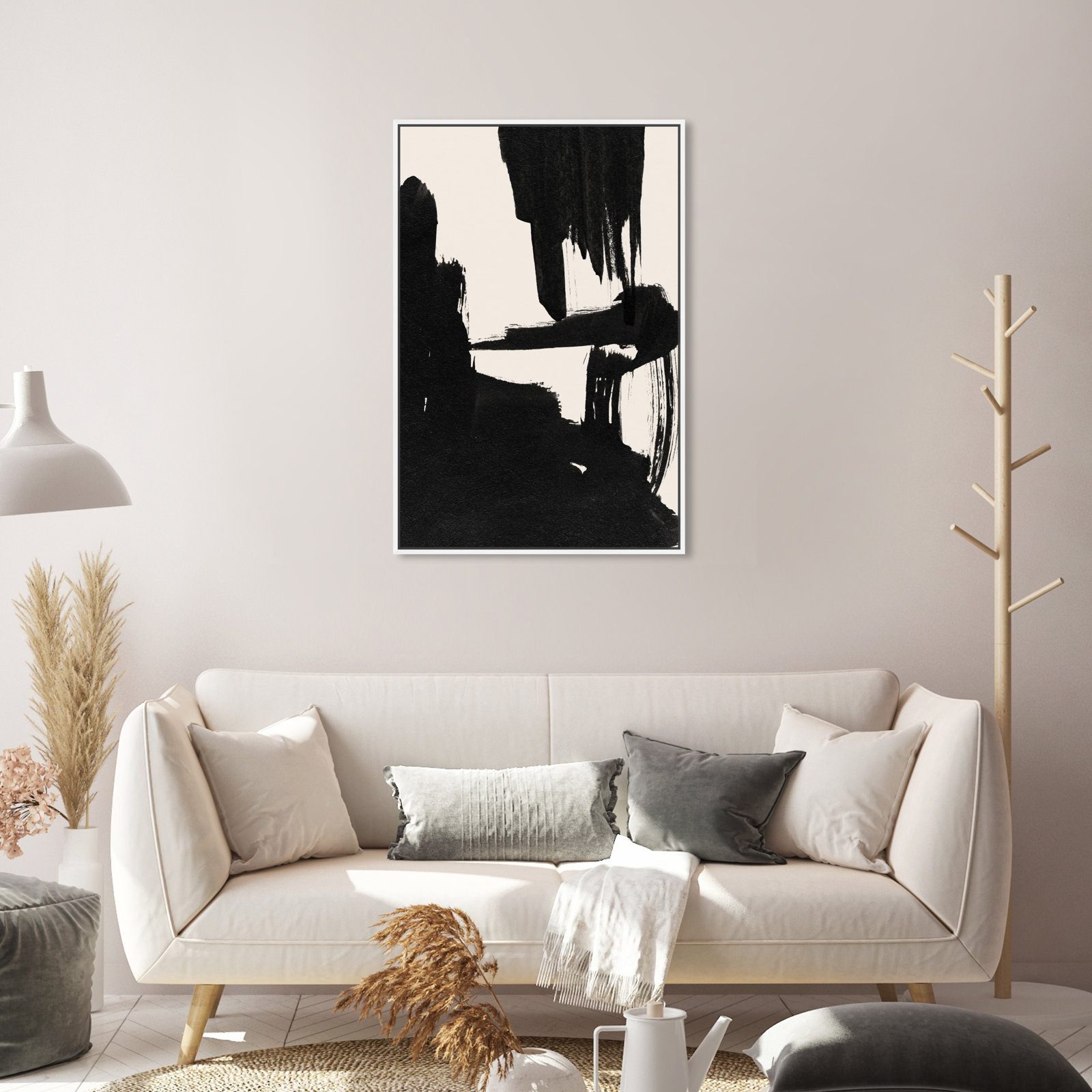 Abstract Black and White Brush Stroke Print, 31" H x 21" W, White