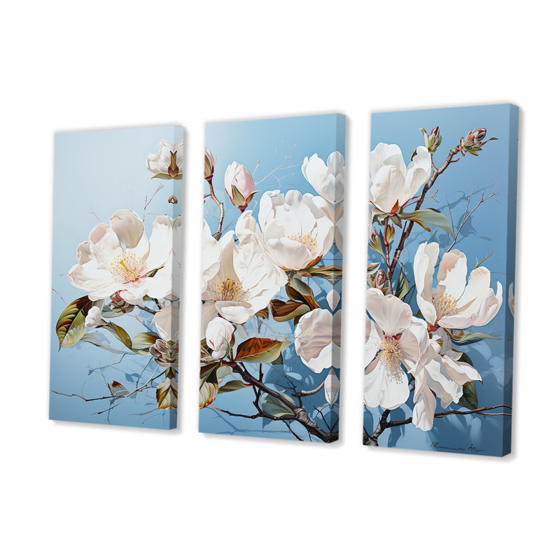 «White and Blue Magnolias Blooms I», ensemble de reproductions d'art mural, H 28 po x l 36 po x P 1 po