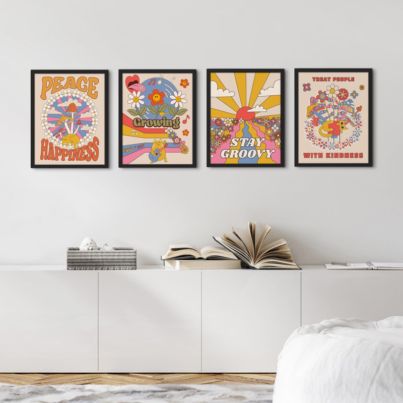 «Peace Happness Crowing Stay Groovy Blessing Quotes», reproduction d'art encadrée sur papier, 4 pièces, Noir