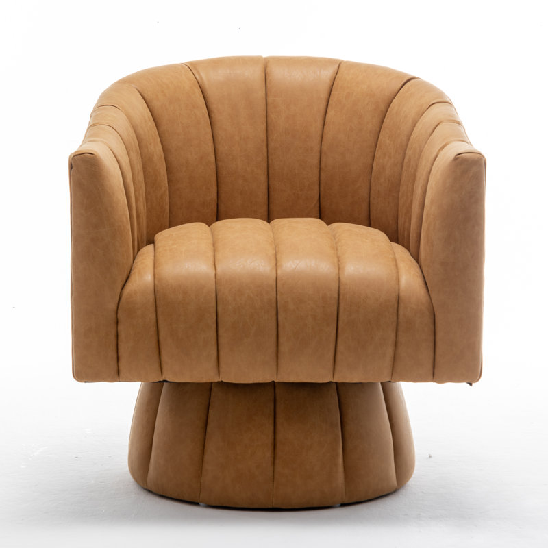 Faux Leather Swivel Barrel Chair, Yellow Faux Leather, 2