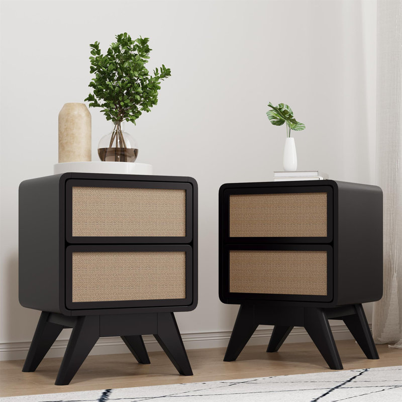 Black and Linen 2-Drawer Solid Wood Nightstand Set