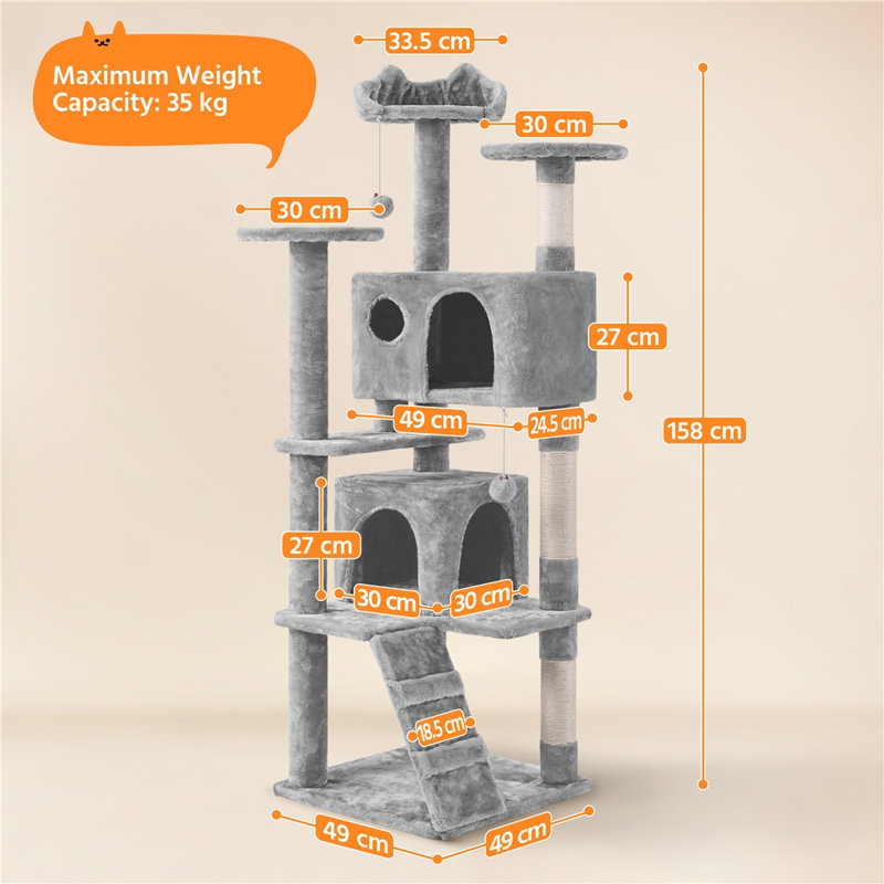 Cat Tree, Light Grey, 158cm H x 49cm W x 49cm D