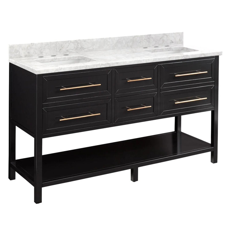 60" Robertson Double Bathroom Vanity Set with Rectangular Undermount Sinks, Black, 8" Widespread, Feathered White Quartz