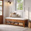 Banc de 55 po en bois massif avec tiroirs, étagère à coussins et à chaussures, banc à chaussures rembourré, banc de rangement de ferme pour vestibule, chambre à coucher, vestibule