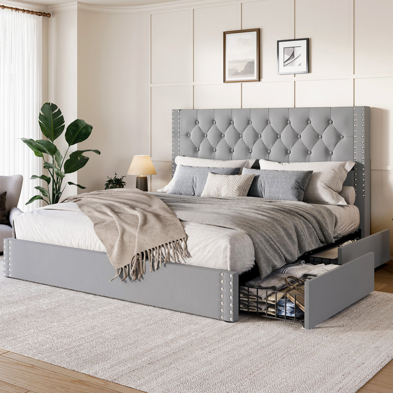 Lit plateforme tapissier avec tiroirs de rangement, Très grand lit, Gris bleu