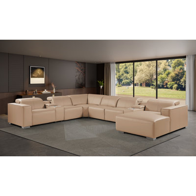 Canapé d'angle en L beige, 8 pièces, orientation droite, en cuir véritable, avec 2 fauteuils inclinables électriques et appuie-tête réglables