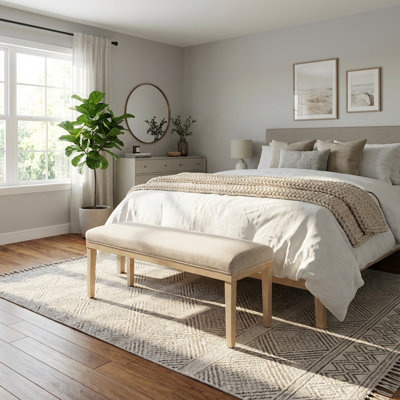53'' W End Of Bed Bench Upholstered With Wooden Legs For Bedroom, Natural Linen Cushion Seat