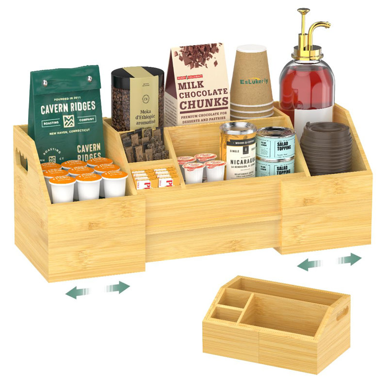 Bamboo Extendable Coffee Station Organizer with Multiple Compartments
