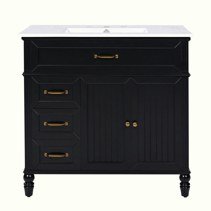 Meuble-lavabo avec lavabo et armoire avec tiroirs, Noir, noir, noir, noir, Or