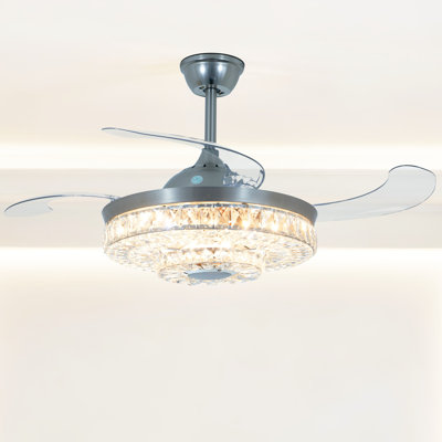 42" Crystal Ceiling Fan With Led Light & Bluetooth Speaker For Bedroom & Living Room