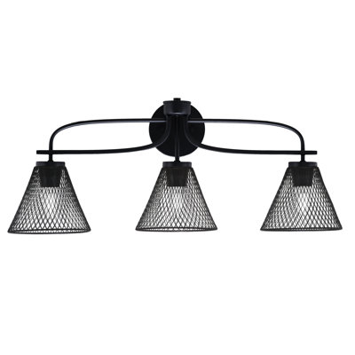 Faize Cavella 3 Light Bath Bar Shown In Matte Black Finish With 7" Matte Black Cone Mesh Metal Shades