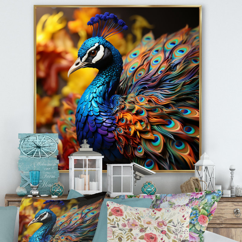 «Majestic Blooming Plumage Peacock IV», reproduction sur toile, Cadre flottant doré, H 24 po x l 24 po x P 1 po