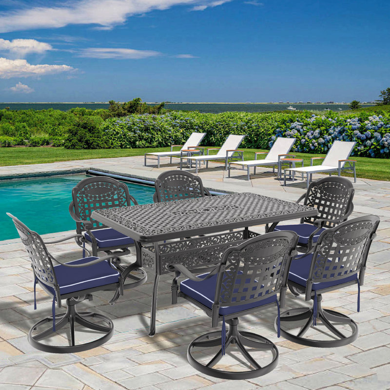 Ensemble de salle à manger 7 pièces en fonte d'aluminium toutes saisons, comprenant 6 chaises pivotantes et une table rectangulaire avec cadre noir et trou pour parasol