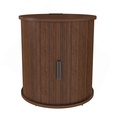Mid Century Modern Cylinder End Table With Built-In Charging Station & Sliding Door, 2-Tier Storage Round Nightstand With USB Ports, Walnut Bedside Table For Living Room, Bedroom, Entryway