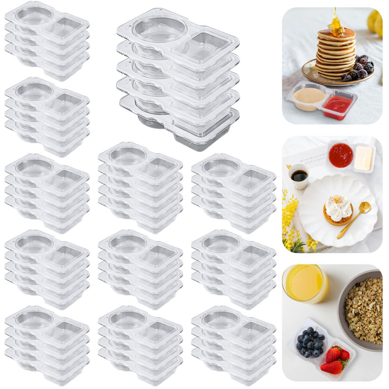 50Pcs Double Compartment Condiment Container With Lids, Mini Plastic Snack Containers,BPA Free,Microwave Safe,Leakproof Food Storage, To Go Food Containers,Take Out Sauce Container