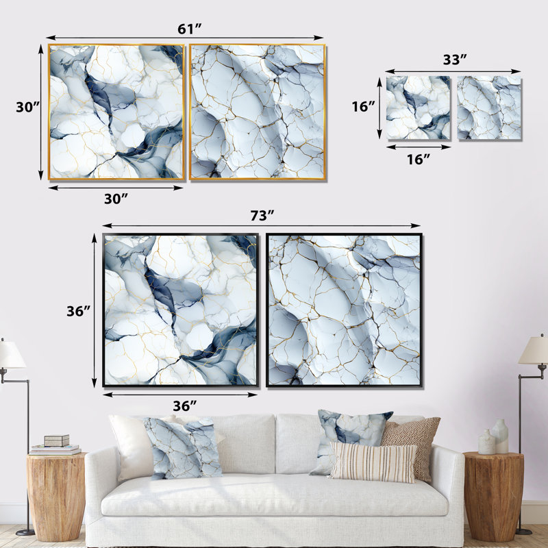 Giles - Ensemble de 2 reproductions d'art en marbre abstrait, Cadre flottant blanc, H 30 po x l 61 po x P 1 po