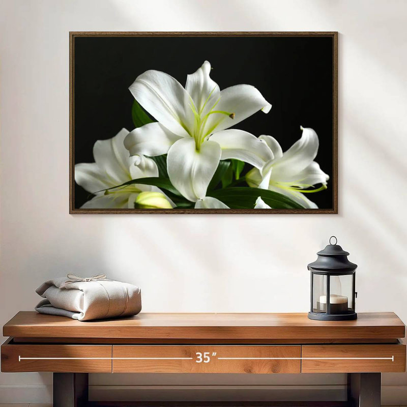 Lys blancs frais, 25 po x 17 po, Cadre flottant noyer