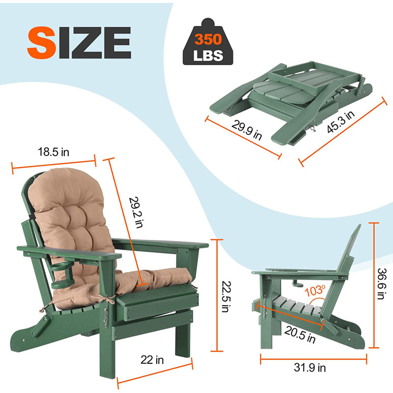 Chaises pliantes Adirondack avec coussin, chaise de patio surdimensionnée en PEHD résistante aux intempéries, Vert