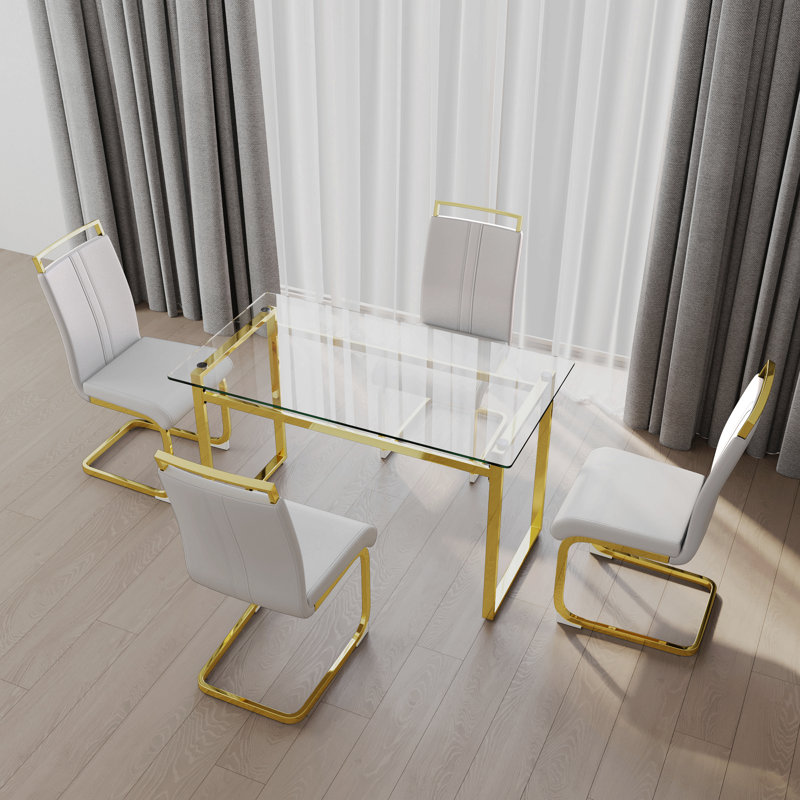 Ensemble de table de salle à manger pour 4 personnes, Blanc, Doré