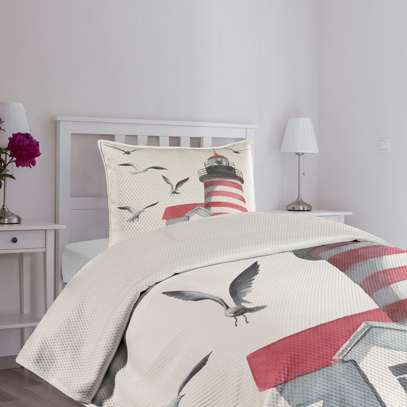 King Size White Quilted Bedspread Set with Lighthouse Design