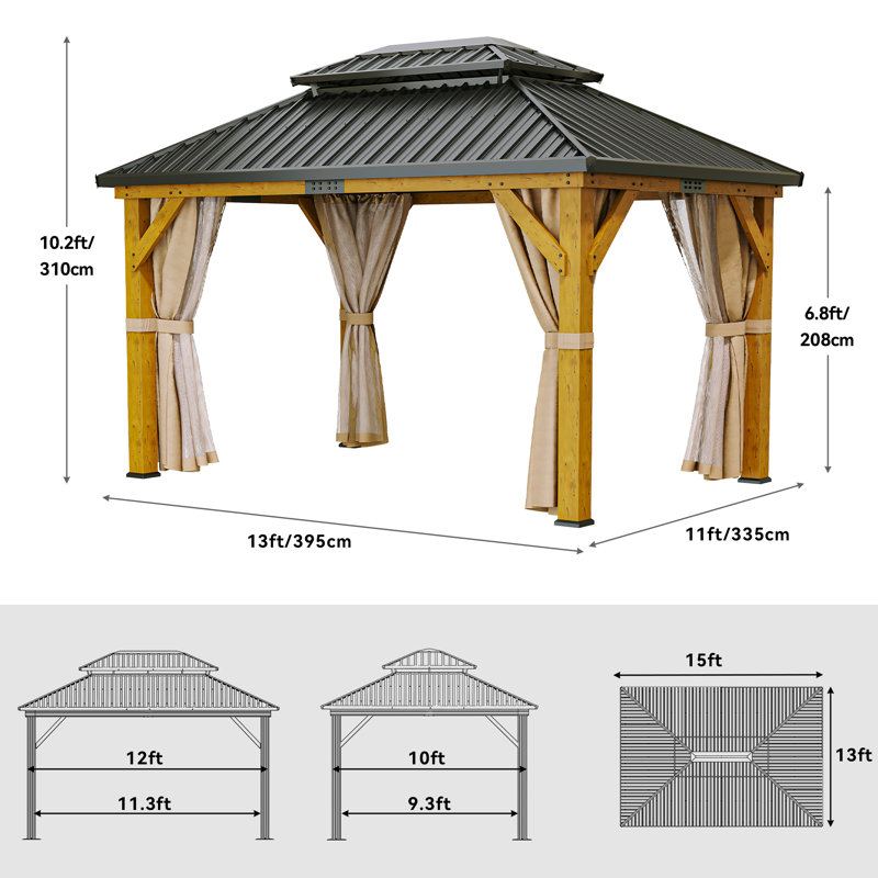 Solid Wood Patio Gazebo with Double Roof Hardtop and Curtains, 13ft W x 11ft D