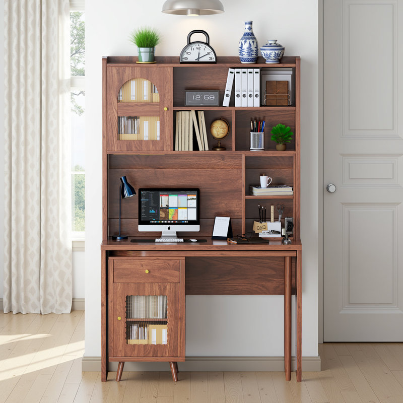 Thane Computer Desk with Swivel Top, Drawer & Cabinets, Walnut