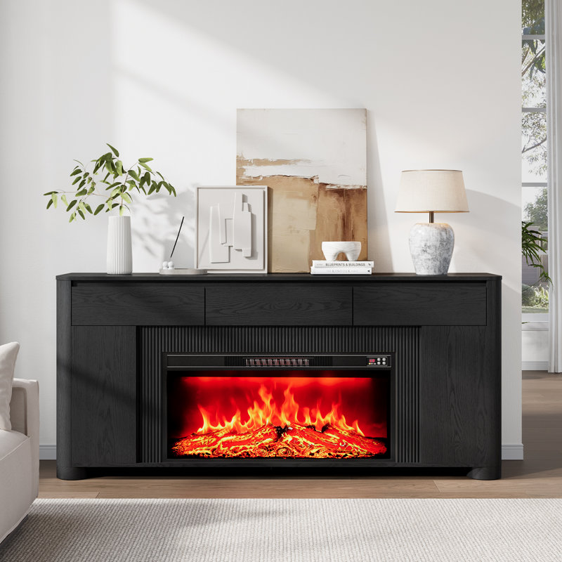 Meuble télé avec foyer intégré de 178 cm (70 pouces) et foyer électrique de 107 cm (42 pouces), compatible avec les téléviseurs jusqu'à 203 cm (80 pouces), éclairage DEL coloré et coins arrondis, noir.