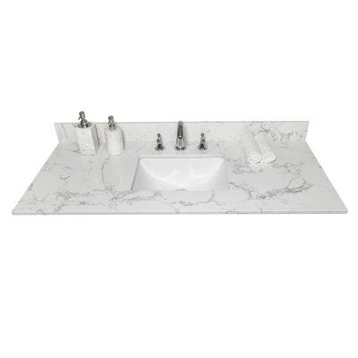 Engineered Stone Carrara White Marble Bathroom Vanity Top With Undermount Ceramic Sink And 3 Faucet Holes | Gift Idea