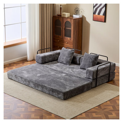 Dark Grey Chenille Convertible Floor Sofa Bed with Memory Foam, 3-Seat Folding Futon Couch