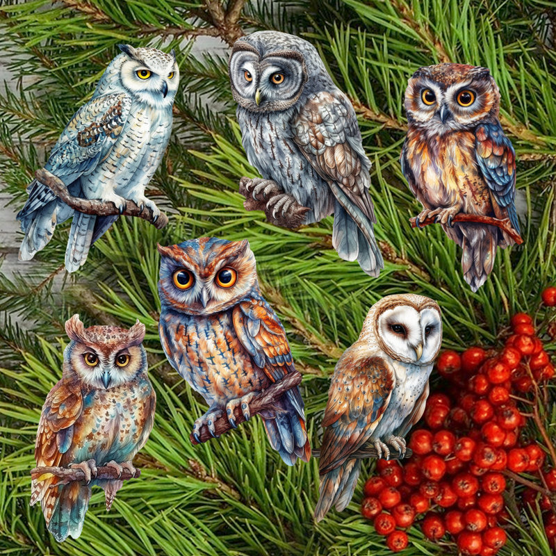 Ensemble de 6 ornements décoratifs à pinces en bois Night Owls par G. Debrekht