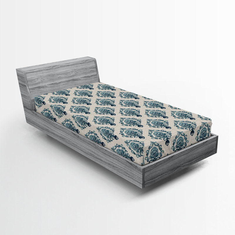 Drap-housse orange Ambesonne, Drap-housse de taille simple, Brun clair, bleu pétrole / damas