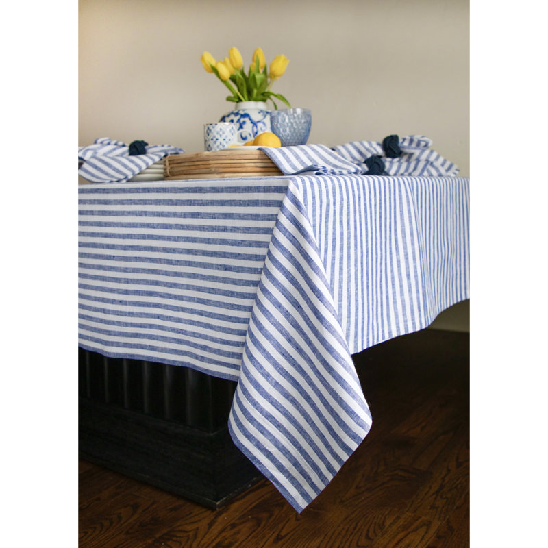 Navy and White Striped Linen Rectangular Tablecloth 60 x 90 Inch