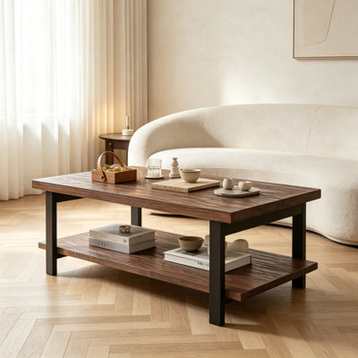 100% All‑Solid‑Wood Farmhouse Rustic Rectangle Coffee Table, Living Room Coffee Table with Open Storage Shelf, Heavy‑Duty Home Furniture