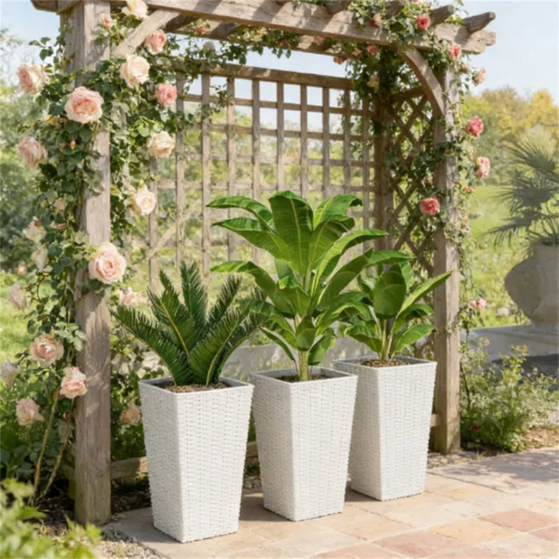 Ensemble de 3 grands pots coniques en plastique PP, style rotin, pour l'intérieur et l'extérieur, blancs