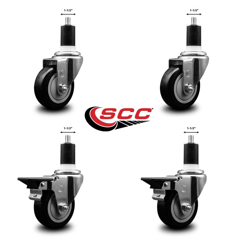 Ensemble de roulettes extensibles pivotantes en poly sur roulettes 2 freins SCC PLB 3,5 po x 1-1 / 2 po, Noir