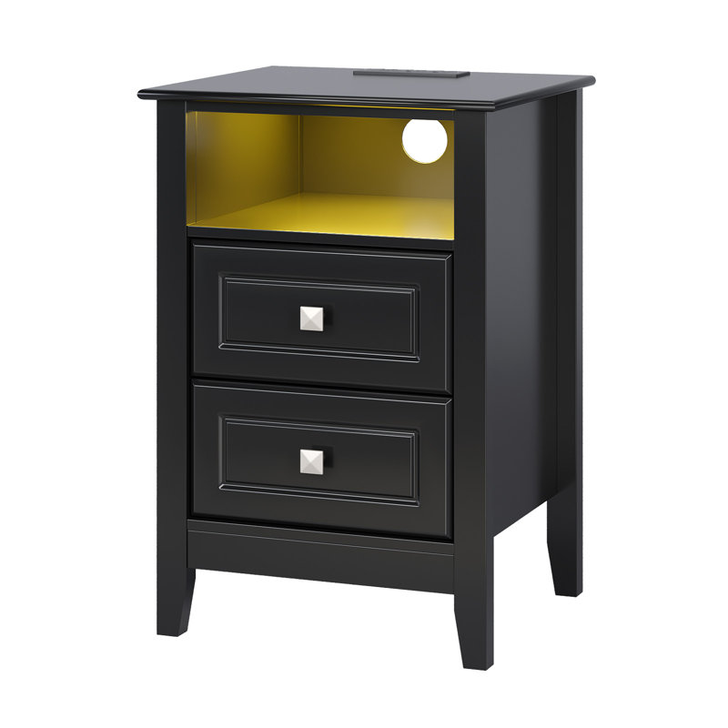 15.75 Inch 2 Drawer Vredenburgh With Shelf Power Outlets And RGB LED Lights, Noir