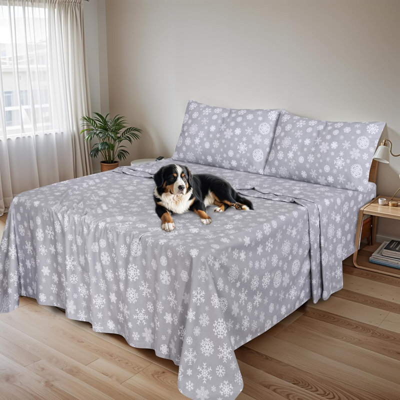100% Cotton Flannel Sheet Set 4 Piece Warm Cozy Fall Sheets 16 inch Deep Pocket Bed Sheets, Snowflakes Floral