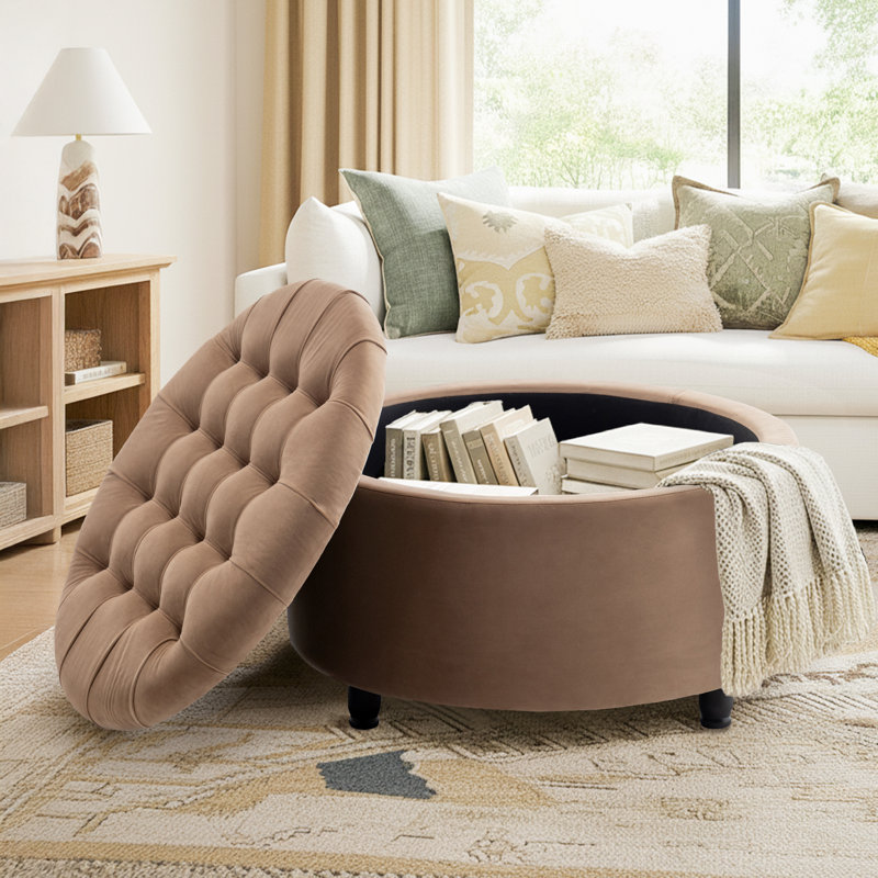 Repose-pieds rond classique capitonné avec rangement à boutons 28 po Classic, Marron clair