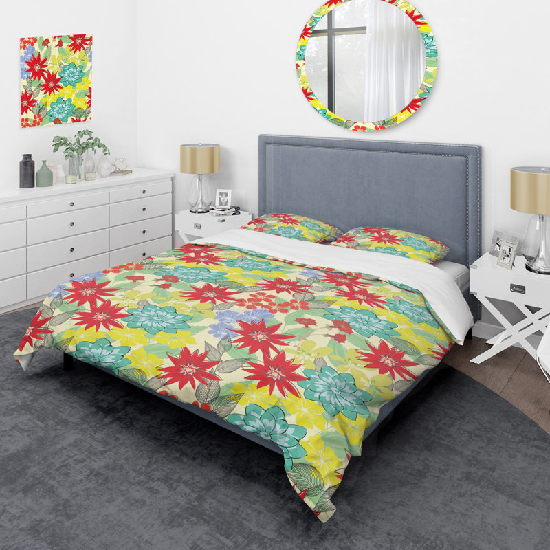 Fleurs jaunes et rouges - Ensemble de housse de couette Cabin & Lodge, Housse de couette pour très grand lit et 2 très