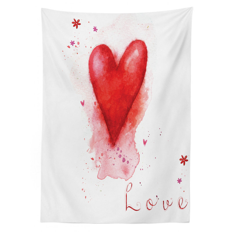 Ambesonne Love Tablecloth, Watercolors Painted Heart Form With Leaking Splash Elements On It Flower Boho Print, Rectangular Table Cover For Dining Room Kitchen Decor, 52" X 70", Red White