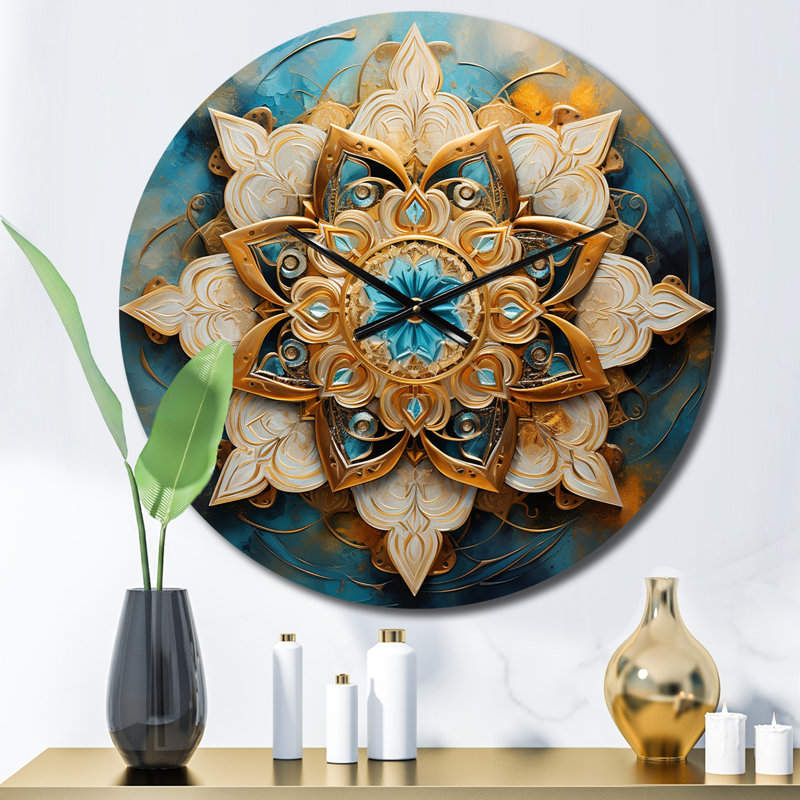 Horloge murale Divine Mandala en métal doré et turquoise II, Moyenne