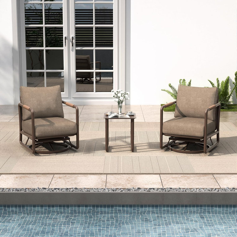 MBY 3 Piece Patio Outdoor Aluminum Swivel Rocking Chair with Coffee Table and 6.7" Thickened Cushions, All Weather Outdoor Furniture Chairs for Garden, Poolside, Deck-Brown