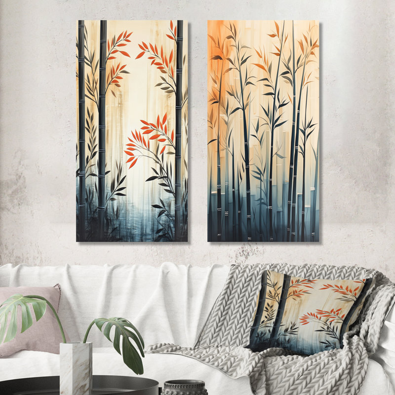Bambou dans le calme I - Ensemble de 2 grandes décorations murales Japandi, 40" H x 40" W, Wrapped Canvas