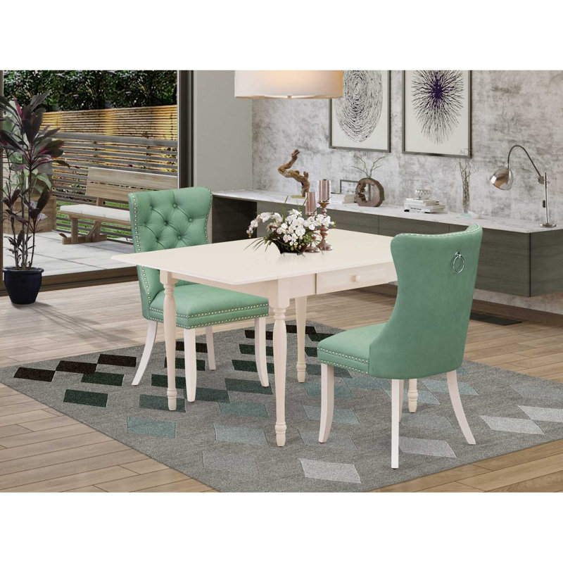 3-Piece Mahogany Finish Rectangular Solid Wood Top with Dropleaf Dining Table Set, Linen White, Green