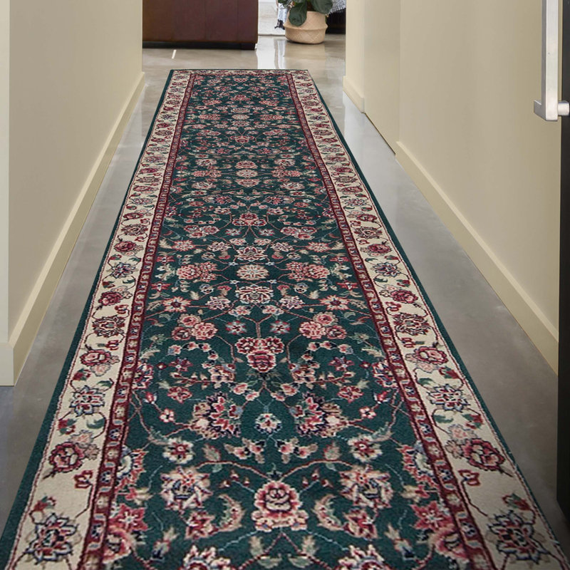 Tapis de couloir vert et ivoire noué à la main de haute qualité