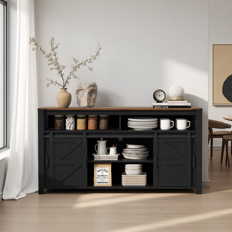 59.3''Sideboard With Sliding Barn Door And Mesh Panels,Farmhouse Buffet With Open Storage,Suitable For Living Room, Hallway, Balcony,Kitchen, Office