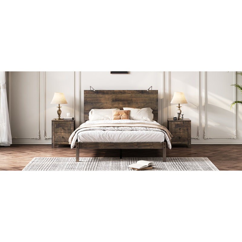 Ensemble de chambre à coucher 3 pièces, lit plateforme avec deux lumières de chevet, table de chevet 2 tiroirs, Noyer